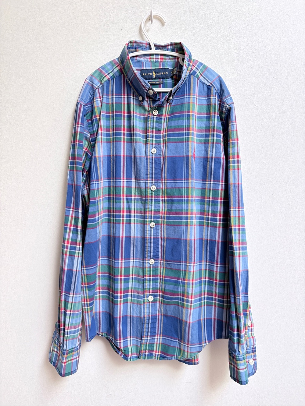 Ralph Lauren Natural Stretch Youth L 14/16 Blue Plaid Button-Down Shirt